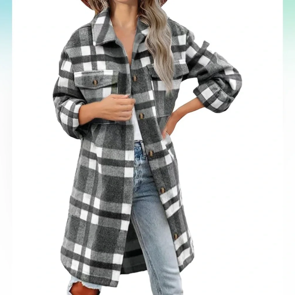 Flannel Oversized grey white Button Down coat XL - Picture 2 of 11